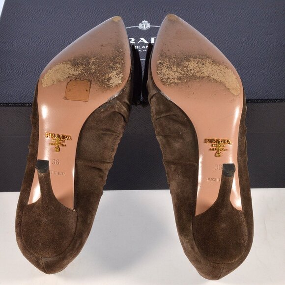 Prada Brown Suede Bow Heel Shoes Size 36 W/ Box - Picture 9 of 10